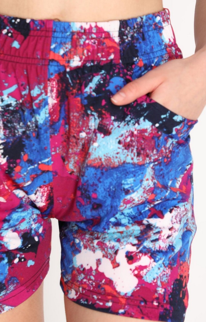 Women's  Blue Printed Polyester Activewear Shorts