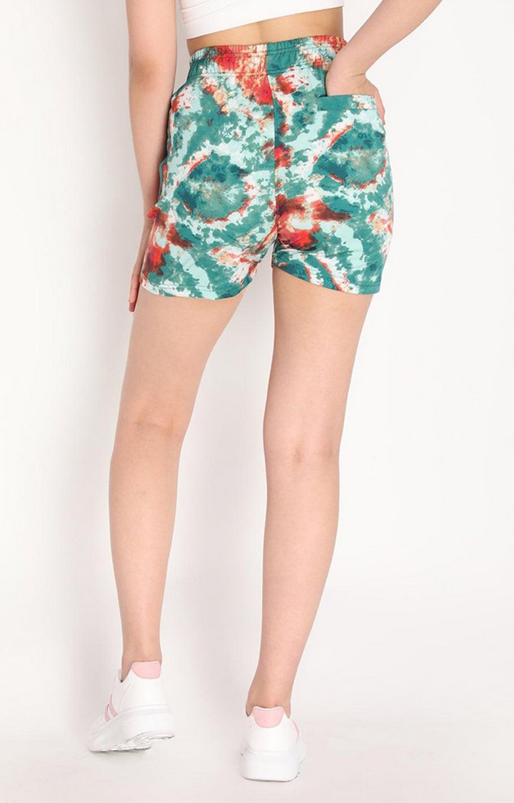 Women's  Green Printed Polyester Activewear Shorts