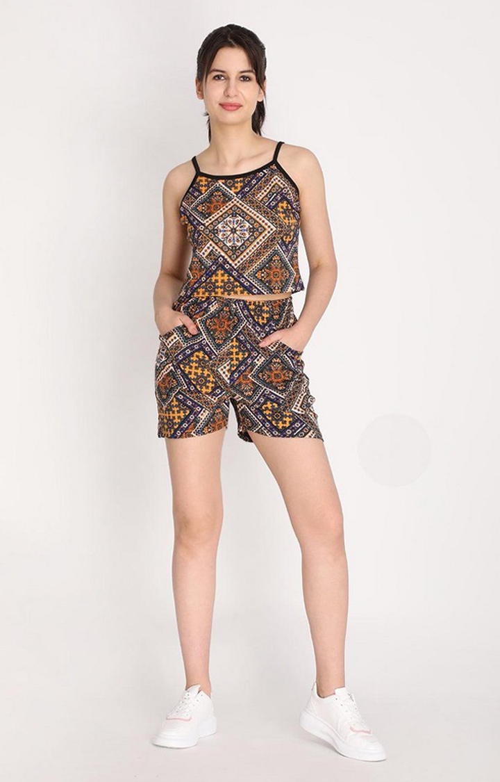 Women's  Yellow Printed Polyester Activewear Shorts
