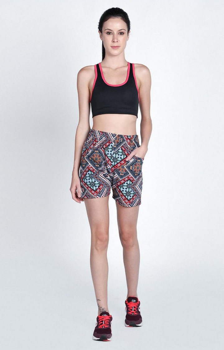 Women's  Red Printed Polyester Activewear Shorts