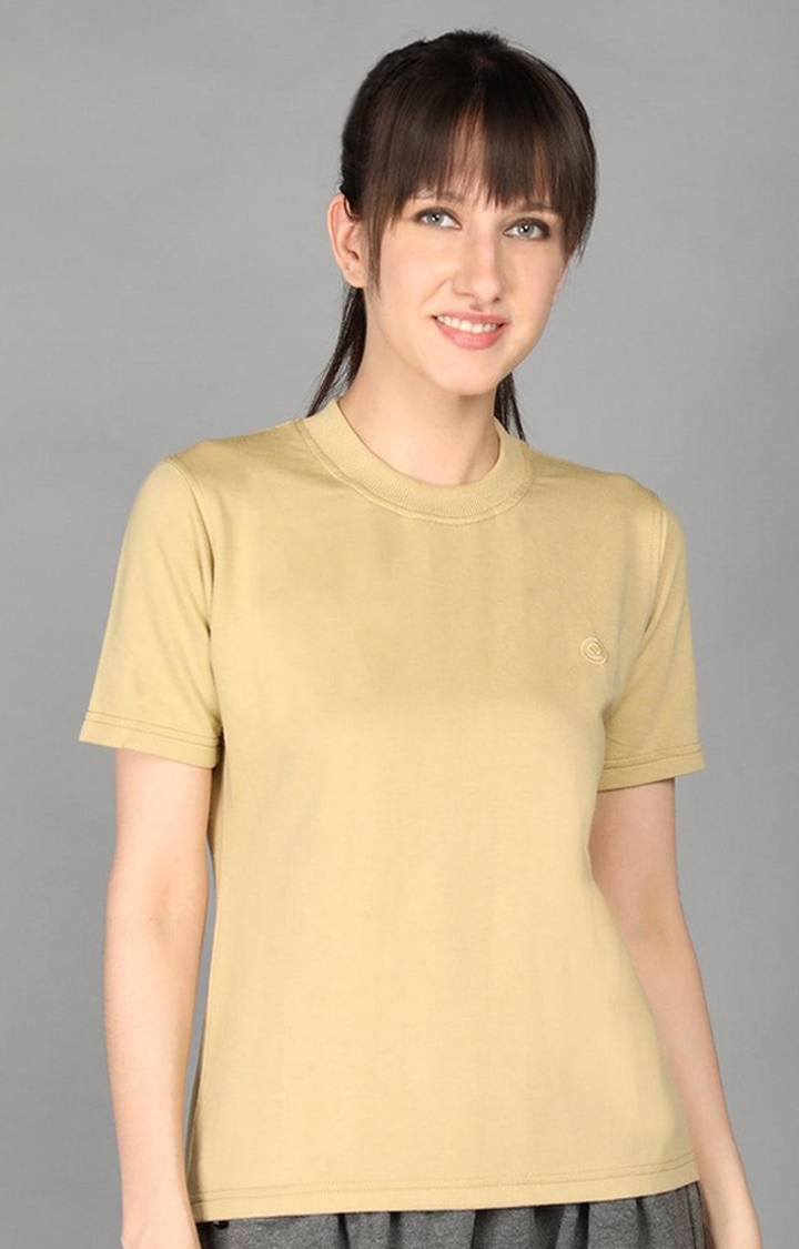 CHKOKKO | Women's Beige Terry Cotton Blend Outdoor Regular T-Shirts