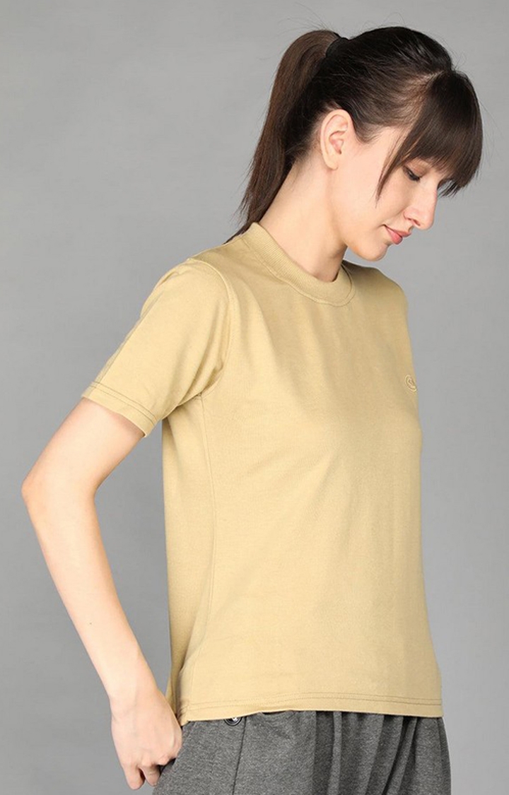 Women's Beige Terry Cotton Blend Outdoor Regular T-Shirts