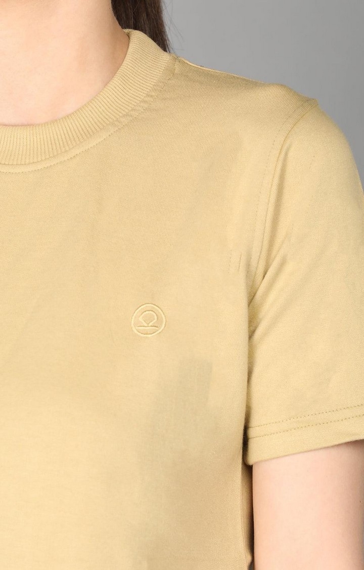 Women's Beige Terry Cotton Blend Outdoor Regular T-Shirts