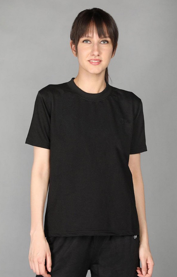 CHKOKKO | Women's Black Terry Cotton Blend Outdoor Regular T-Shirts