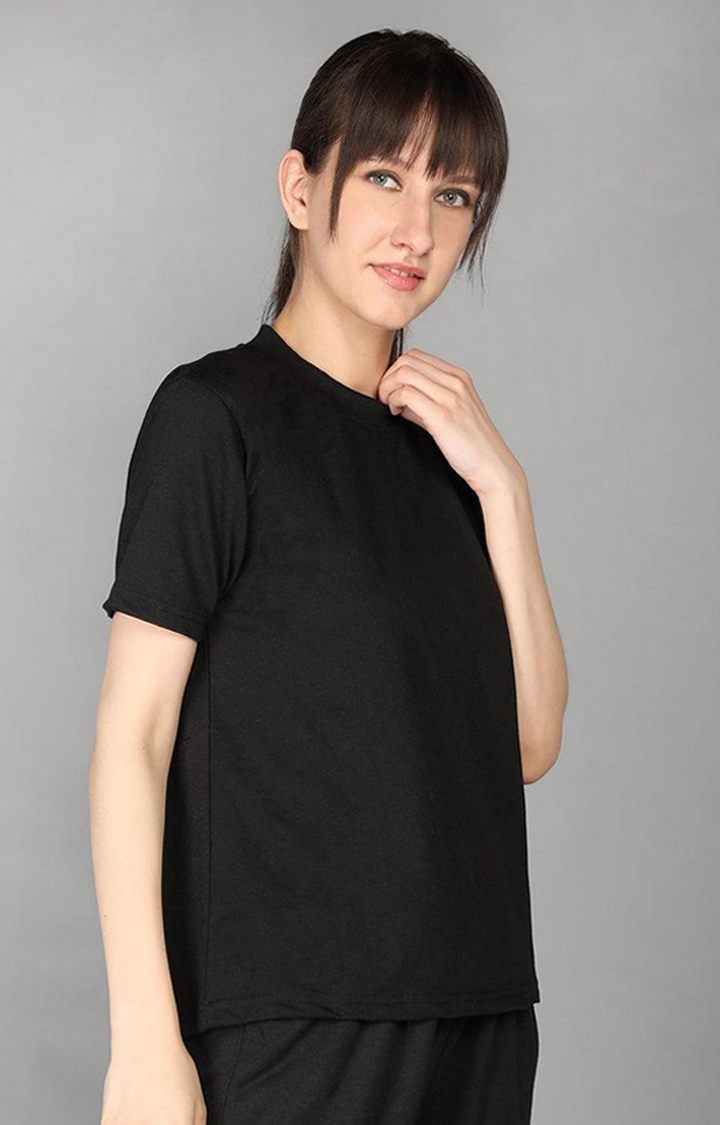 Women's Black Terry Cotton Blend Outdoor Regular T-Shirts