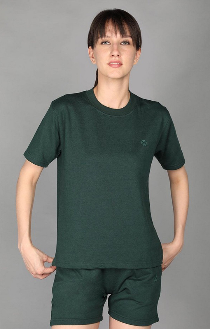 Women's Green Terry Cotton Blend Outdoor Regular T-Shirts