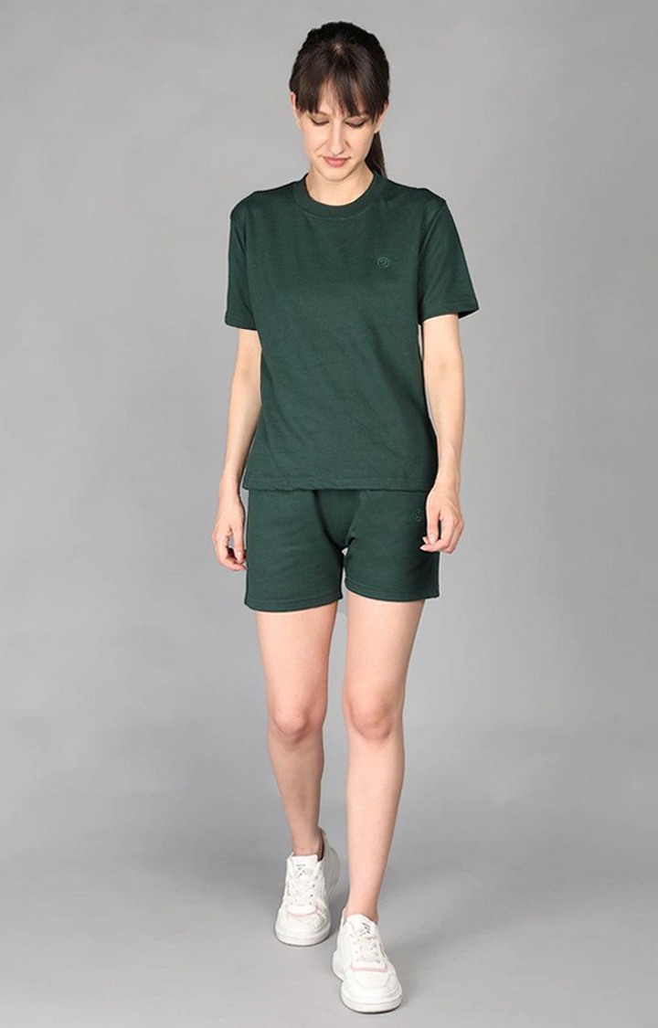 Women's Green Terry Cotton Blend Outdoor Regular T-Shirts