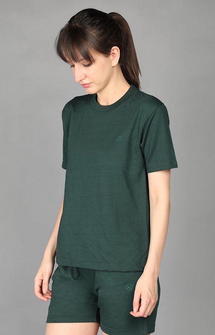 Women's Green Terry Cotton Blend Outdoor Regular T-Shirts