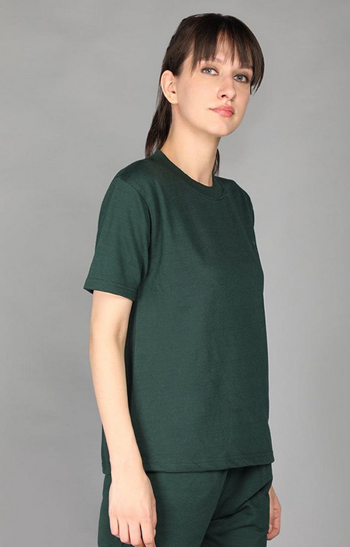 Women's Green Terry Cotton Blend Outdoor Regular T-Shirts