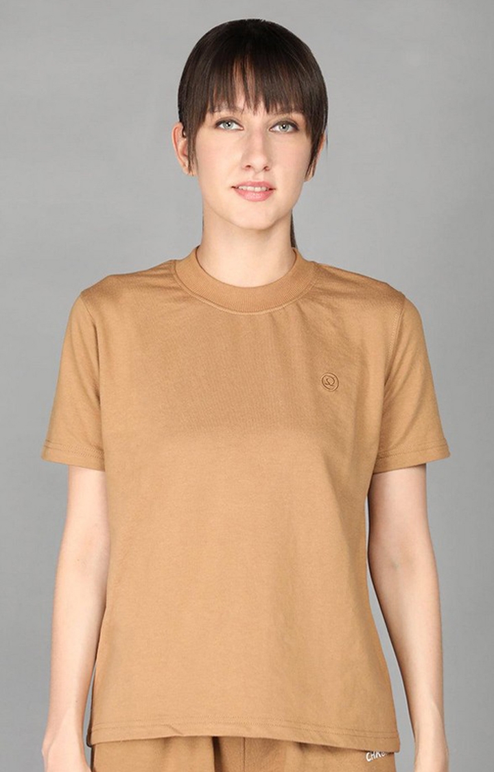 CHKOKKO | Women's Brown Terry Cotton Blend Outdoor Regular T-Shirts