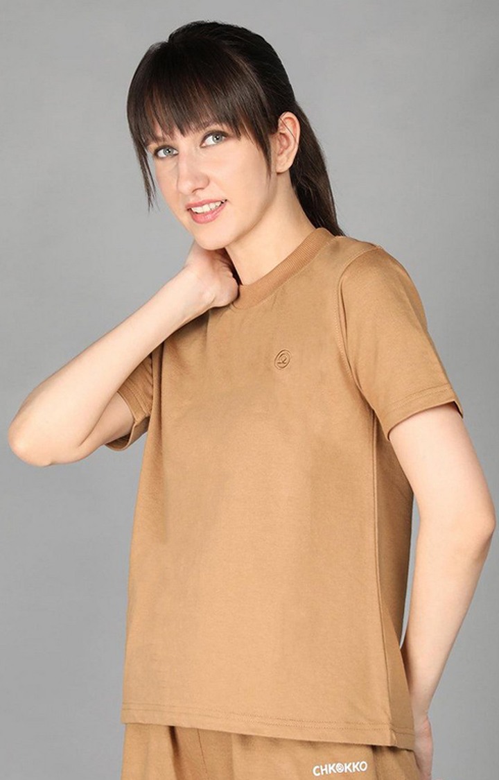 Women's Brown Terry Cotton Blend Outdoor Regular T-Shirts