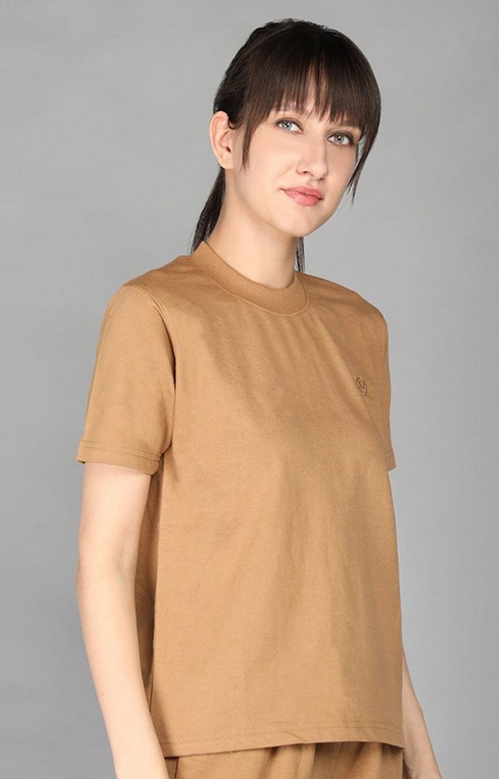 Women's Brown Terry Cotton Blend Outdoor Regular T-Shirts