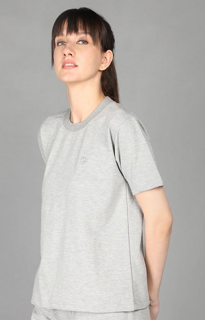 Women's Grey Terry Cotton Blend Outdoor Regular T-Shirts