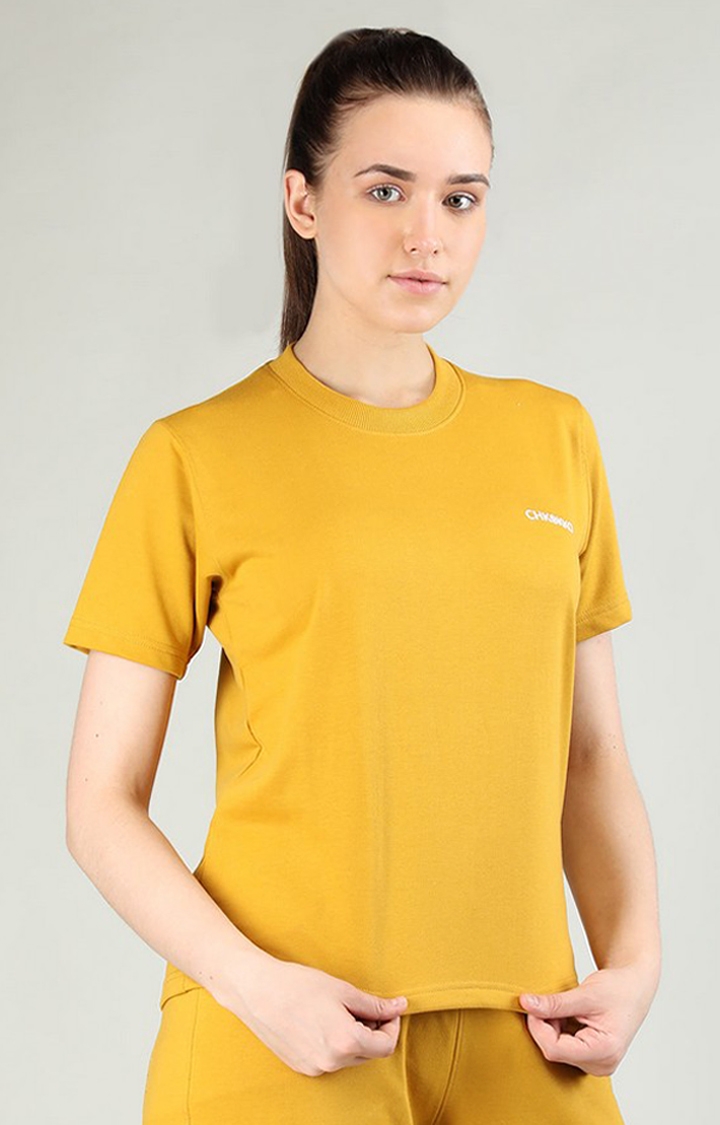 Women's Yellow Terry Cotton Blend Outdoor Regular T-Shirts