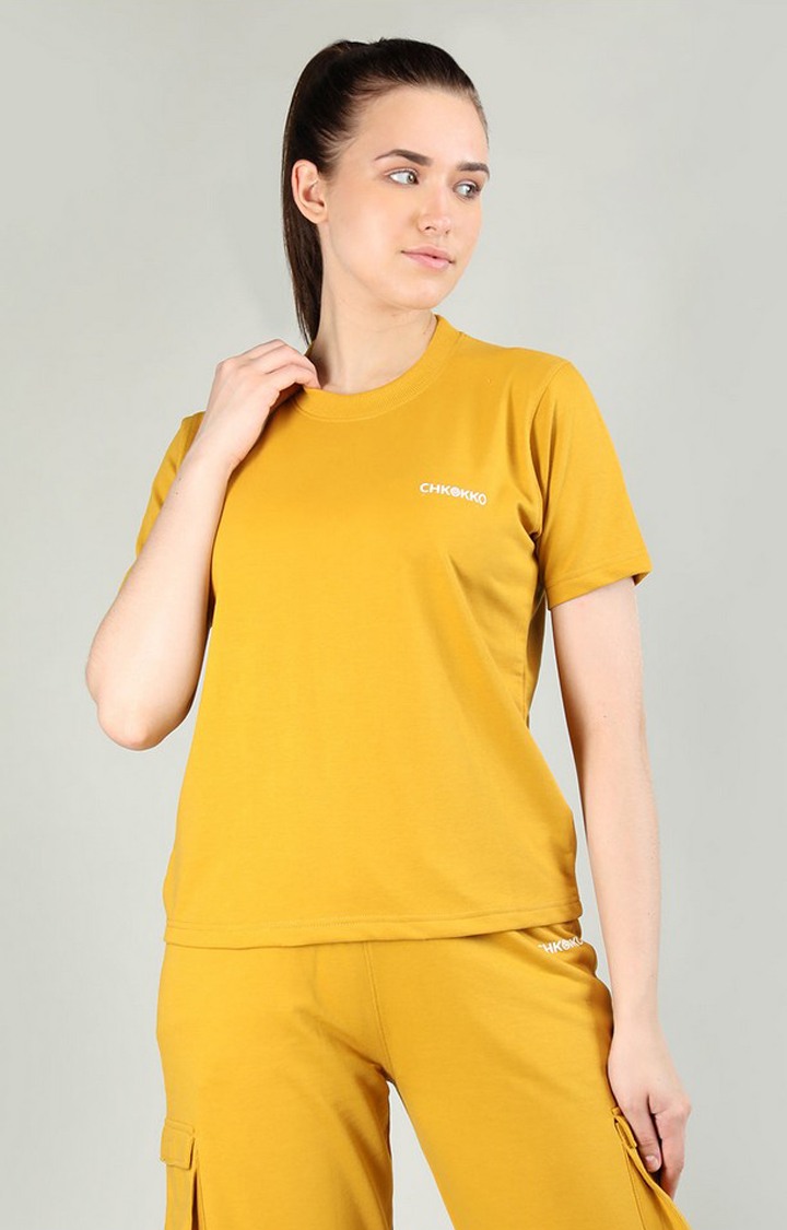 Women's Yellow Terry Cotton Blend Outdoor Regular T-Shirts