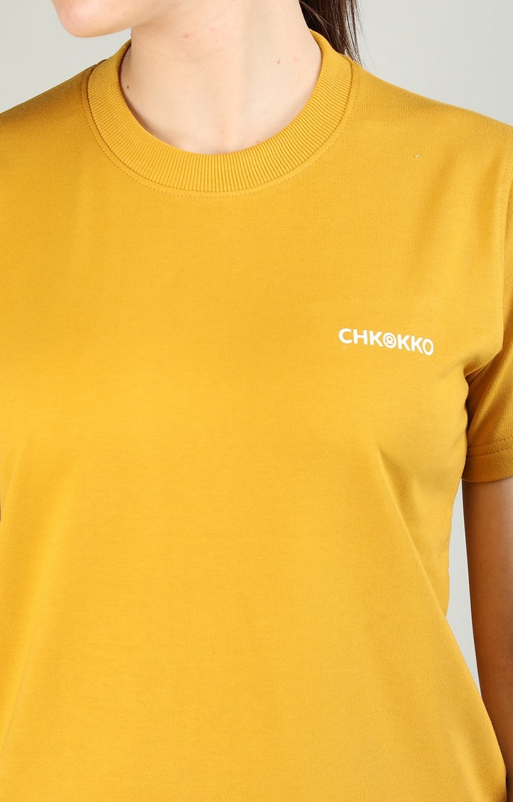 Women's Yellow Terry Cotton Blend Outdoor Regular T-Shirts