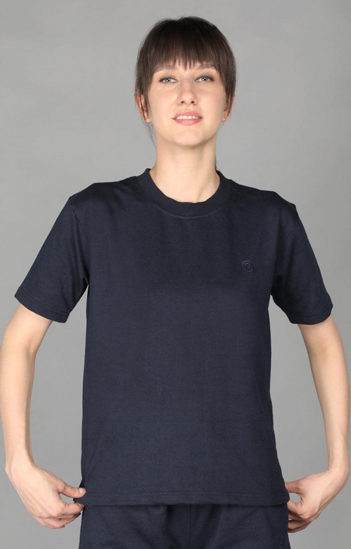 CHKOKKO | Women's Blue Terry Cotton Blend Outdoor Regular T-Shirts