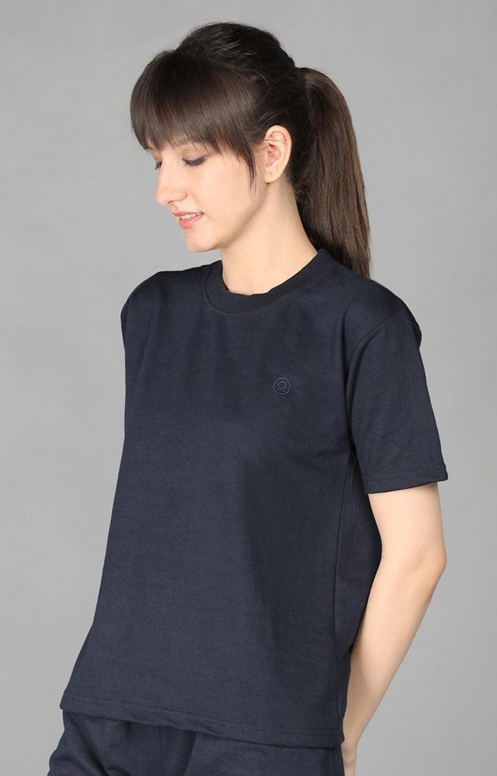 Women's Blue Terry Cotton Blend Outdoor Regular T-Shirts