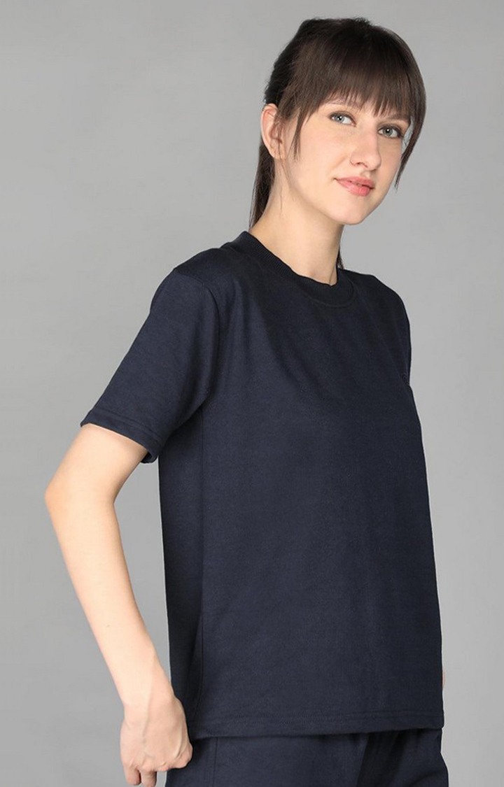 Women's Blue Terry Cotton Blend Outdoor Regular T-Shirts