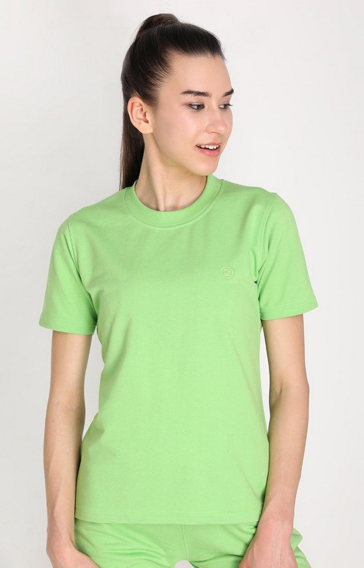 CHKOKKO | Women's Terry Green Cotton Blend Outdoor Regular T-Shirts