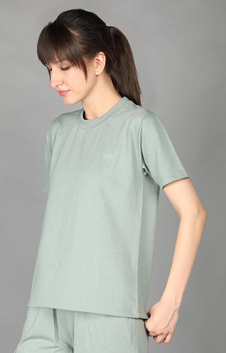 Women's Green Terry Cotton Blend Outdoor Regular T-Shirts