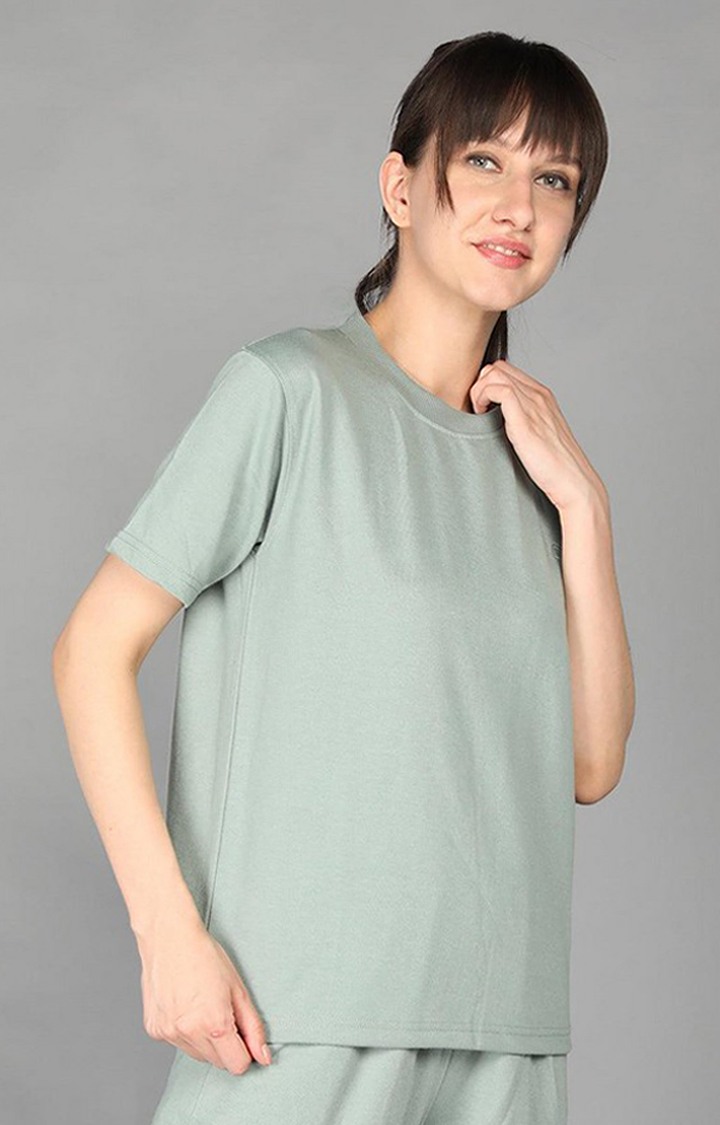 Women's Green Terry Cotton Blend Outdoor Regular T-Shirts