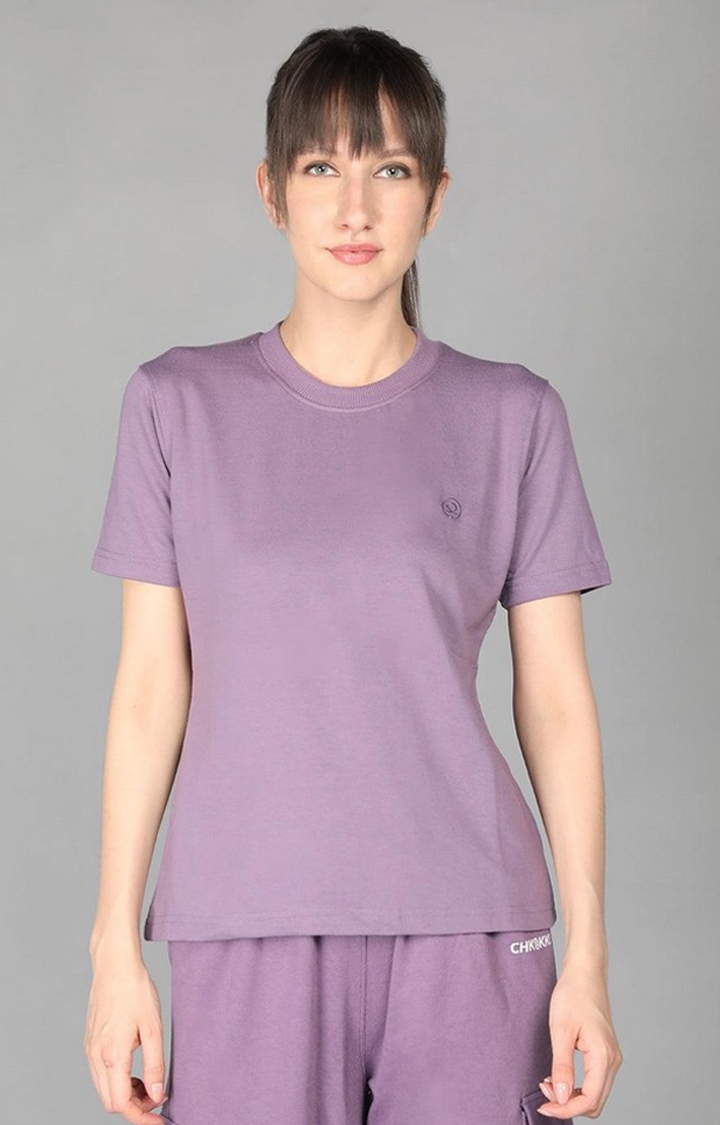 CHKOKKO | Women's Purple Terry Cotton Blend Outdoor Regular T-Shirts