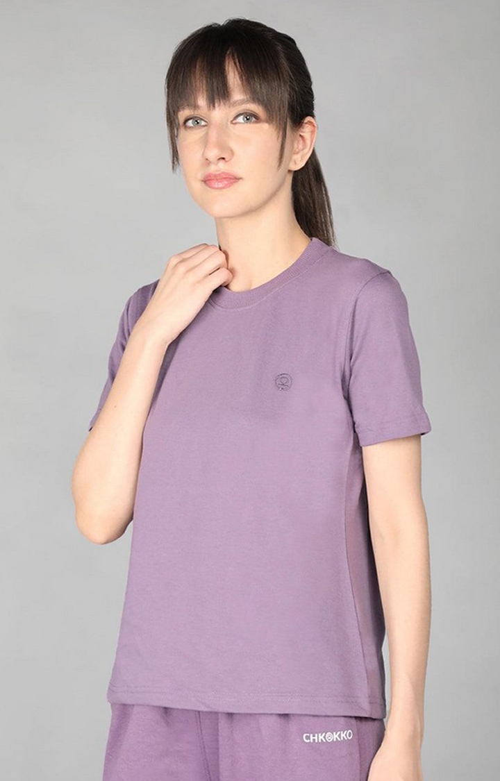 Women's Purple Terry Cotton Blend Outdoor Regular T-Shirts