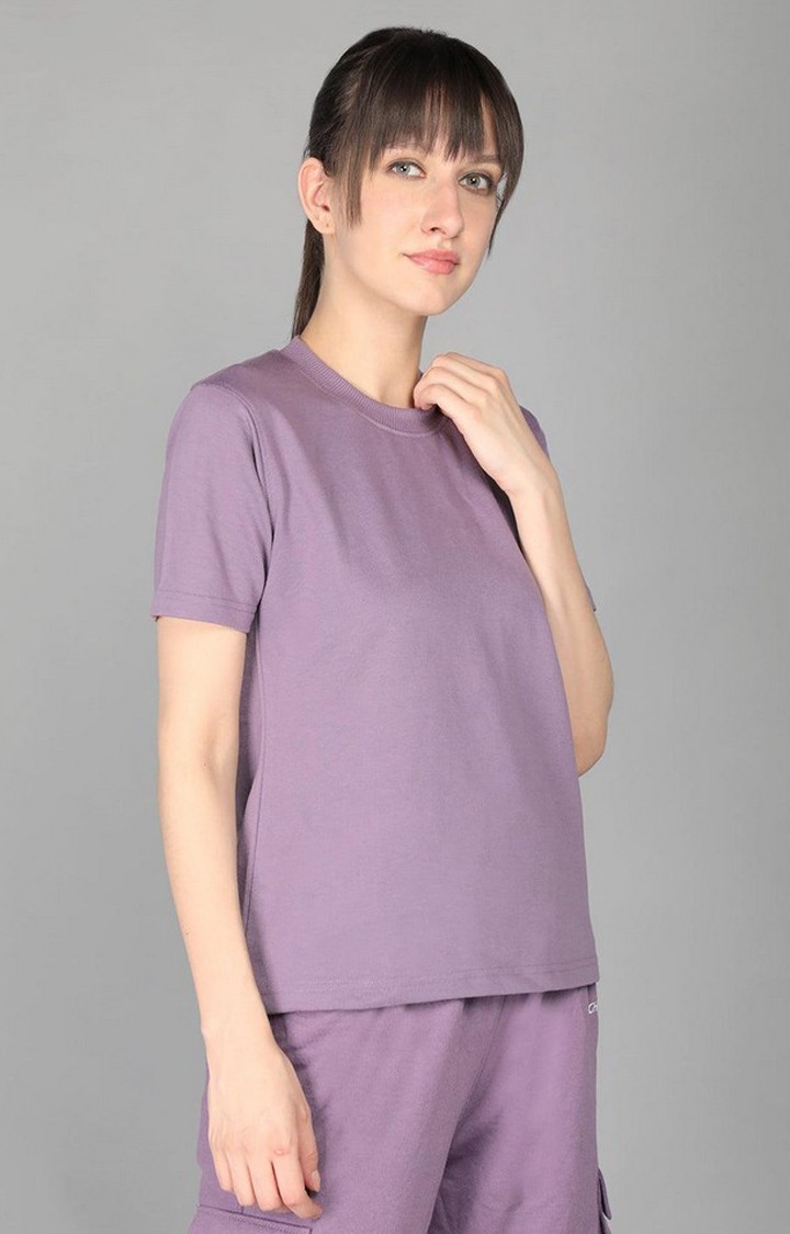 Women's Purple Terry Cotton Blend Outdoor Regular T-Shirts