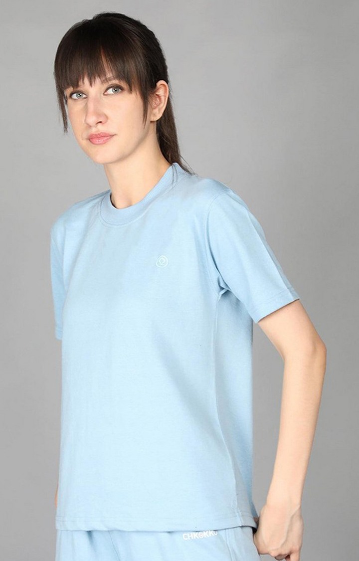 Women's Blue Terry Cotton Blend Outdoor Regular T-Shirts