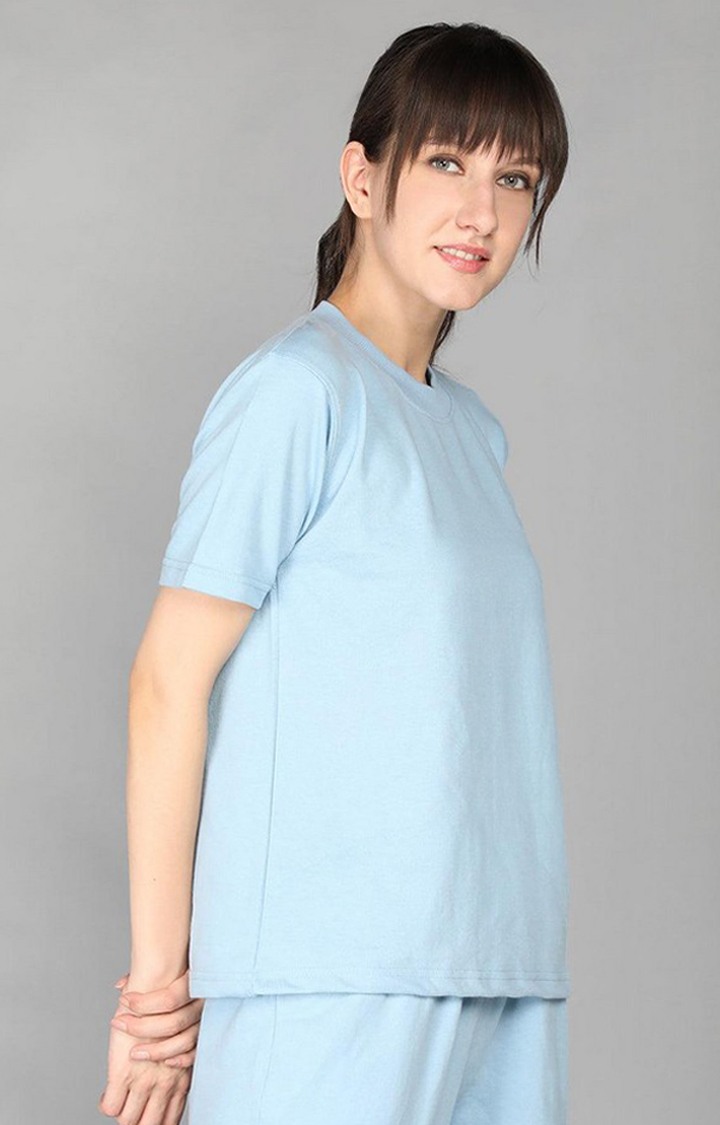 Women's Blue Terry Cotton Blend Outdoor Regular T-Shirts