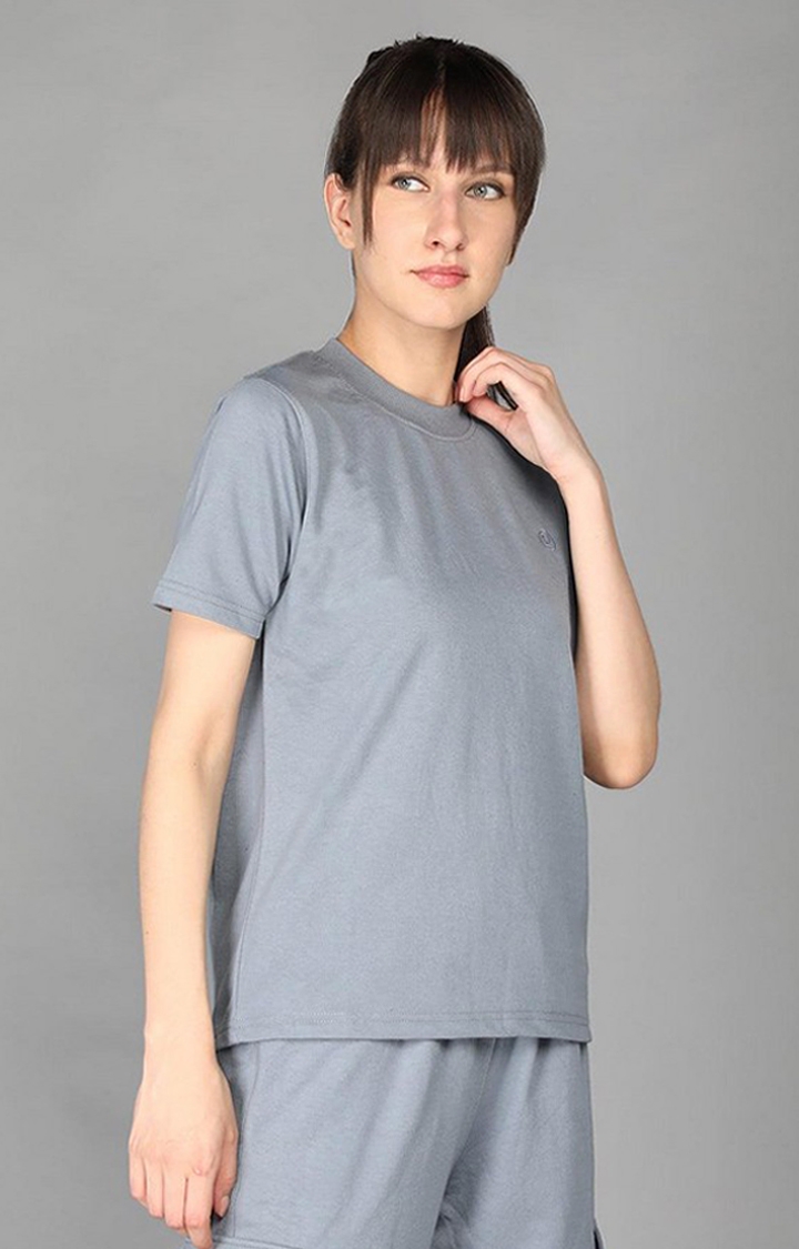 Women's Grey Terry Cotton Blend Outdoor Regular T-Shirts