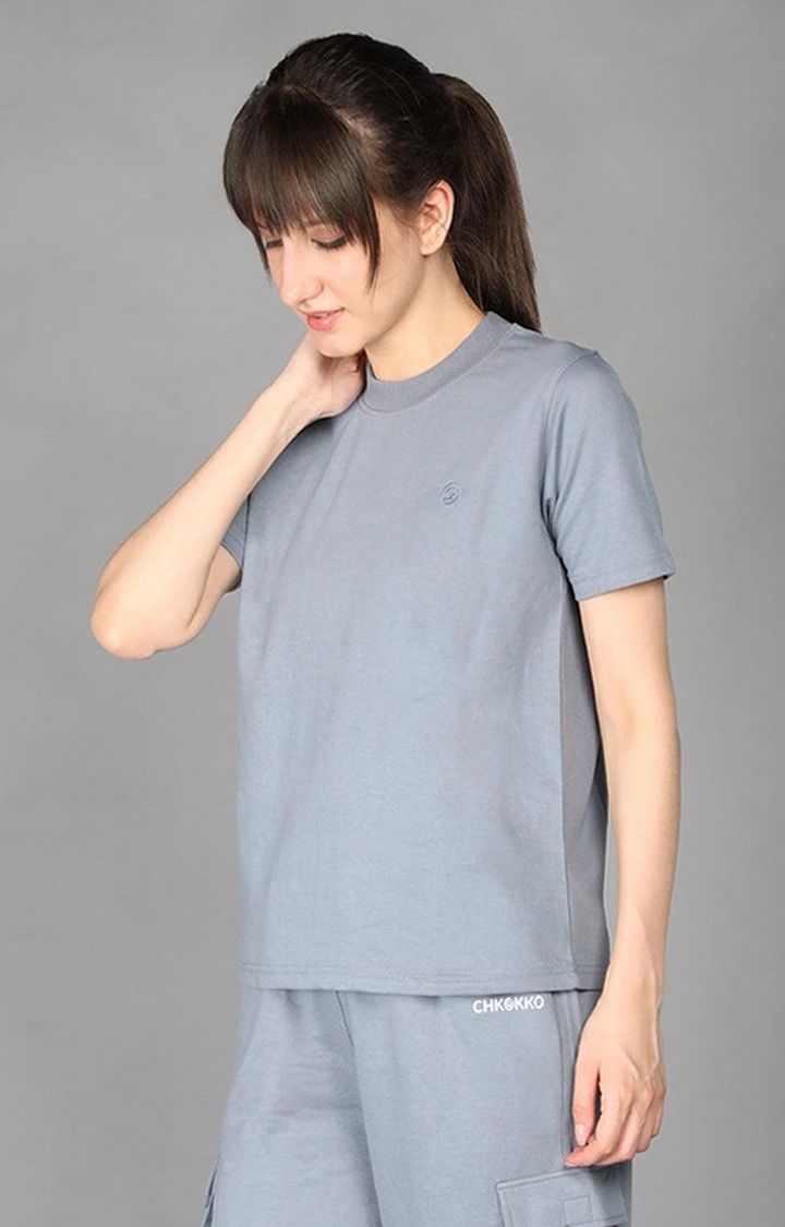Women's Grey Terry Cotton Blend Outdoor Regular T-Shirts