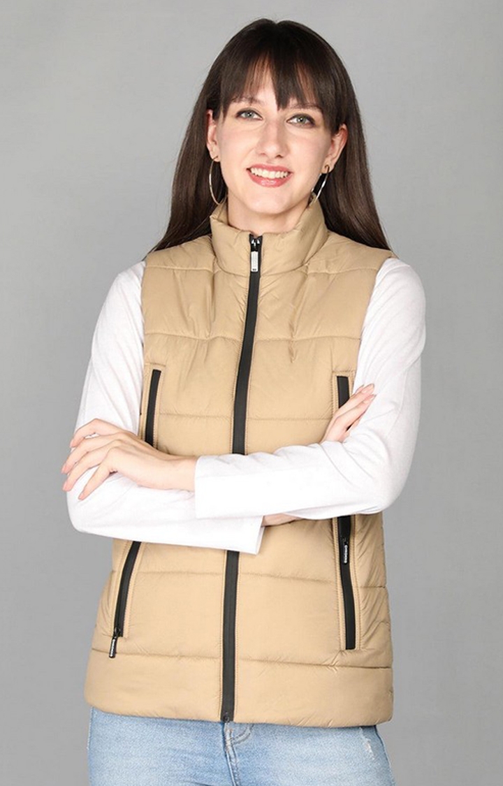 CHKOKKO | Women's Beige Winter Wear Polyester Gilet