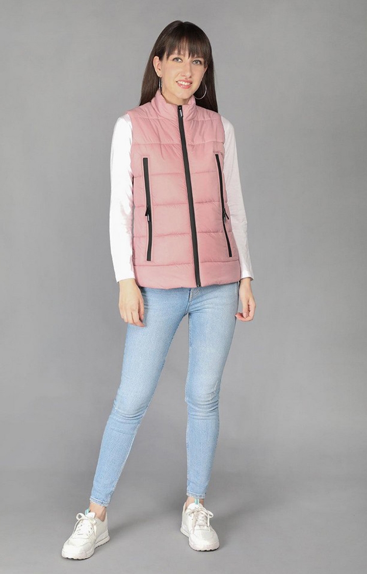 Women's Pink Winter Wear Polyester Gilet