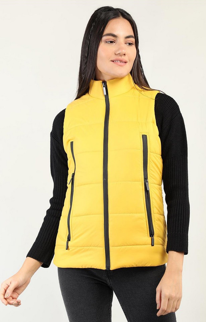 CHKOKKO | Women's Yellow Winter Wear Polyester Gilet