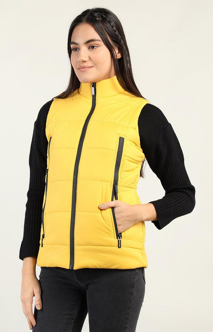 Women's Yellow Winter Wear Polyester Gilet