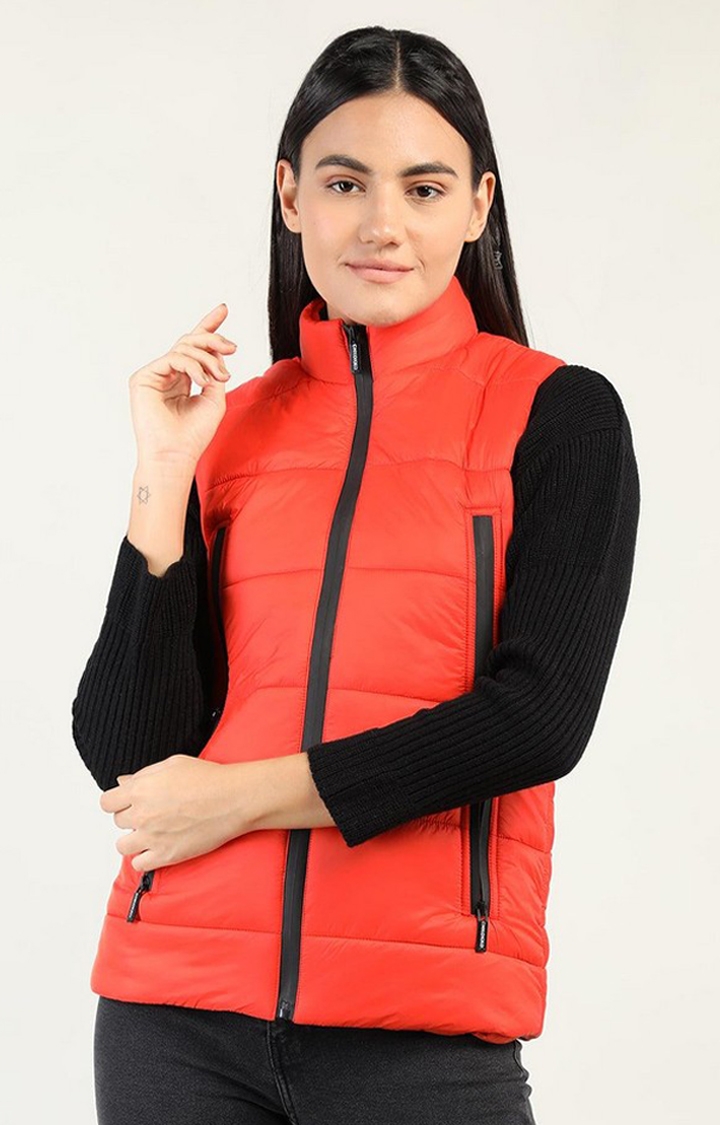 CHKOKKO | Women's Red Winter Wear Polyester Gilet