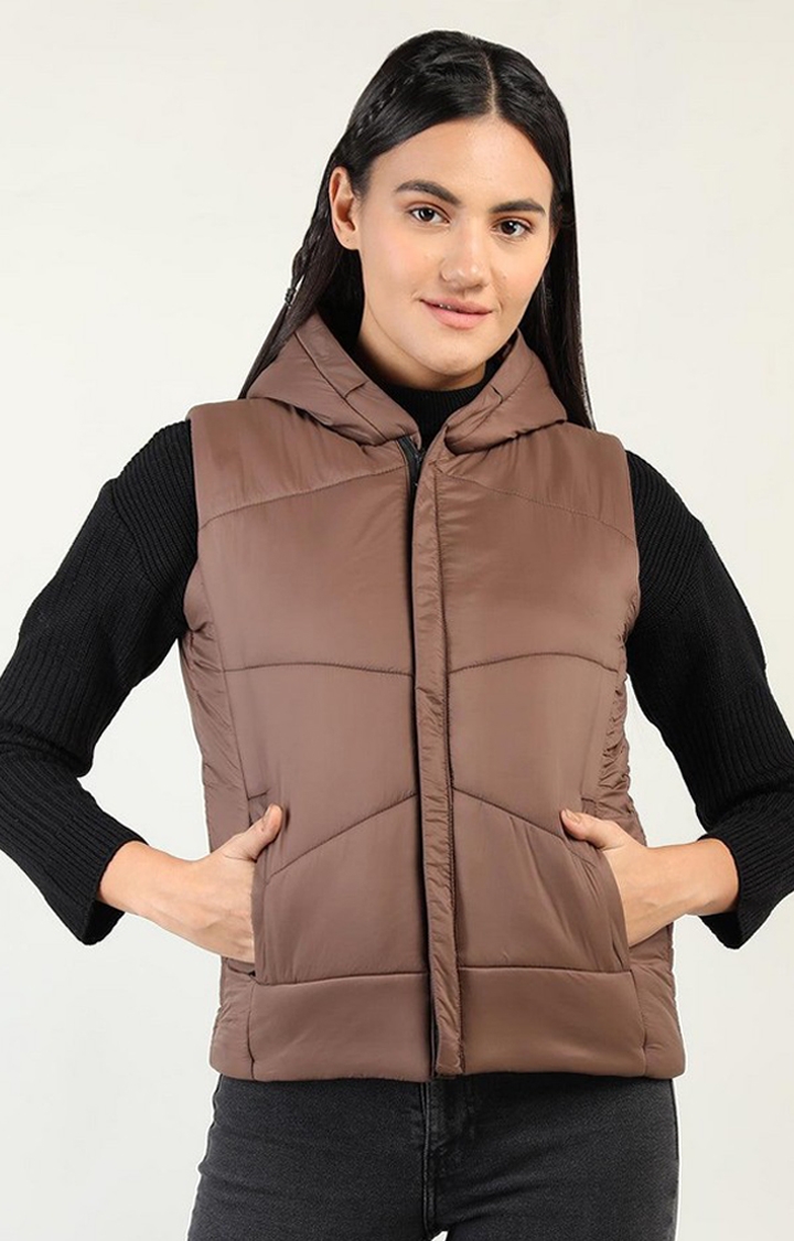 CHKOKKO | Women's Brown Winter Wear Polyester Gilet