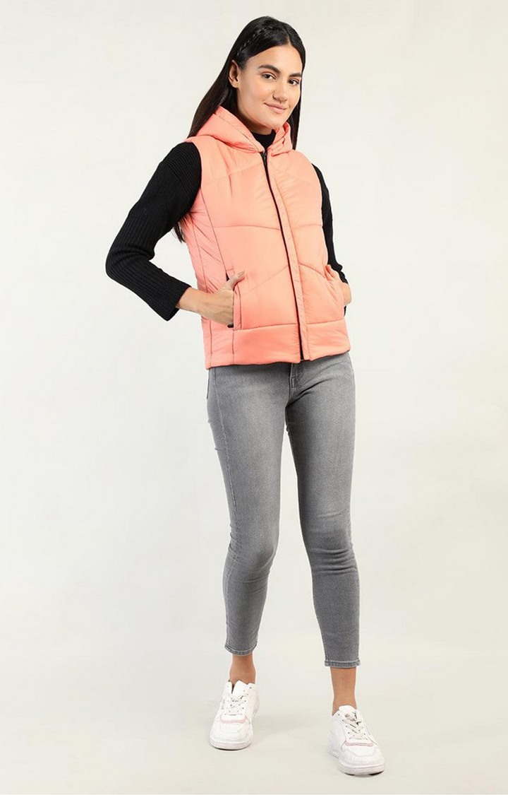 Women's Orange Winter Wear Polyester Gilet