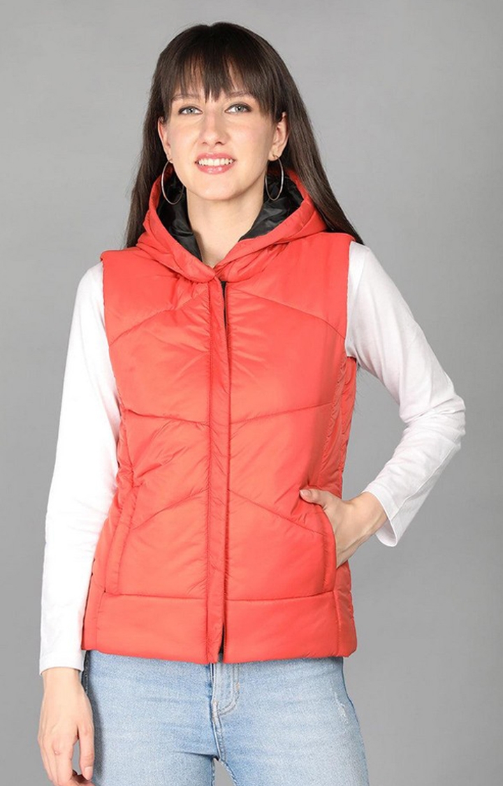 CHKOKKO | Women's Orange Winter Wear Polyester Gilet