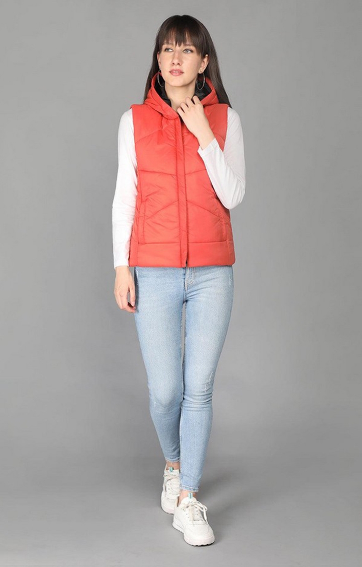 Women's Orange Winter Wear Polyester Gilet
