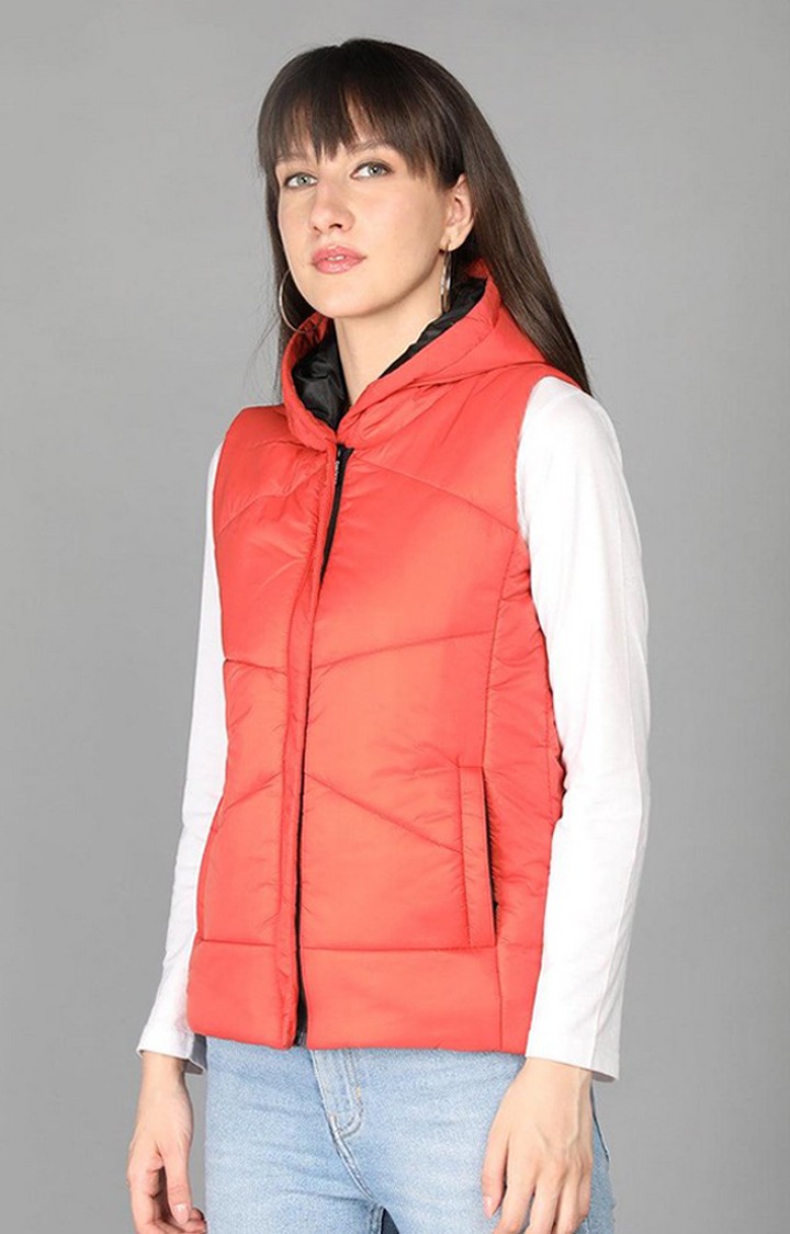 Women's Orange Winter Wear Polyester Gilet