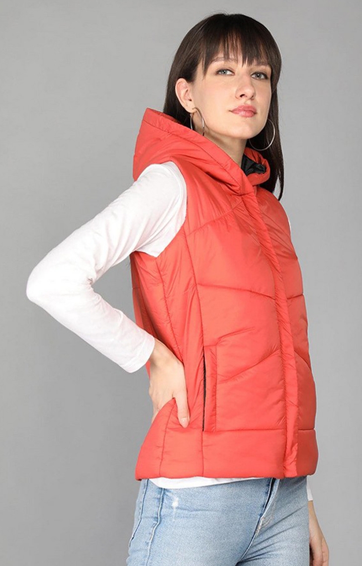 Women's Orange Winter Wear Polyester Gilet