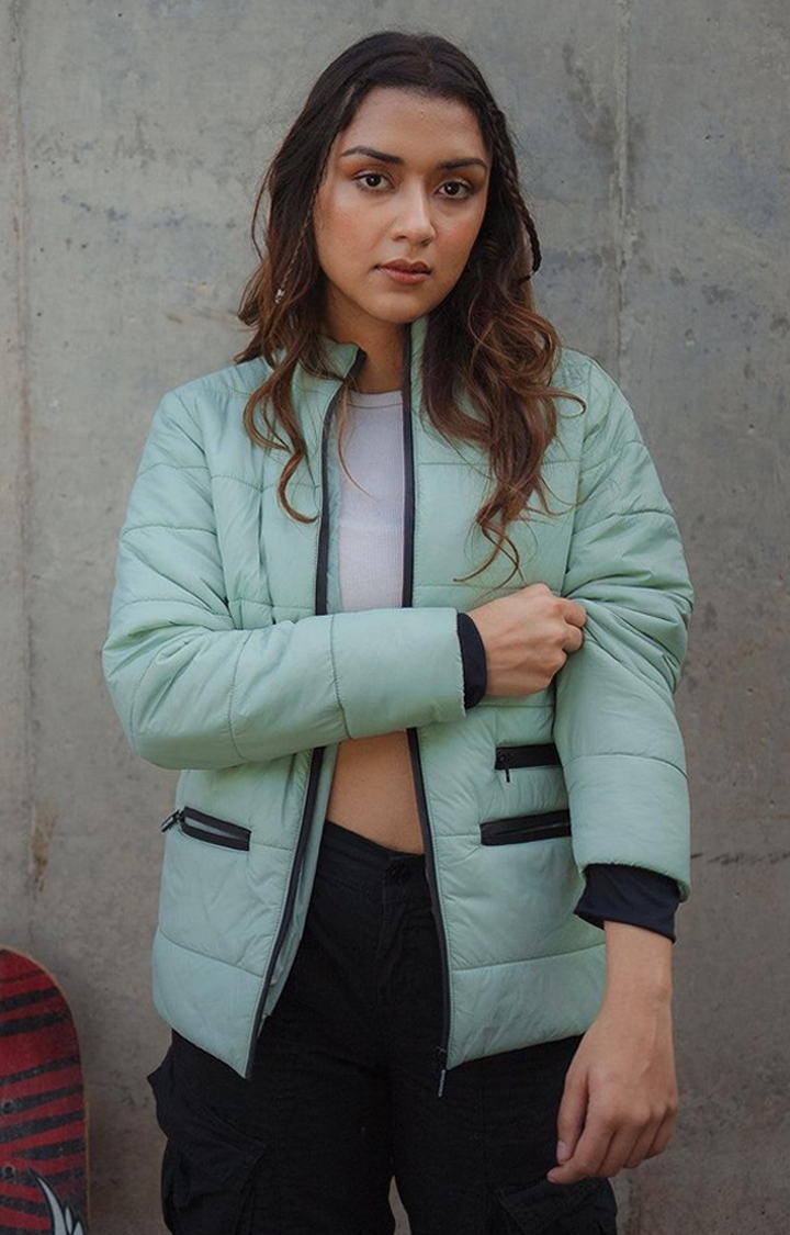 CHKOKKO | Women's Green Winter Wear Polyester Bomber Jackets