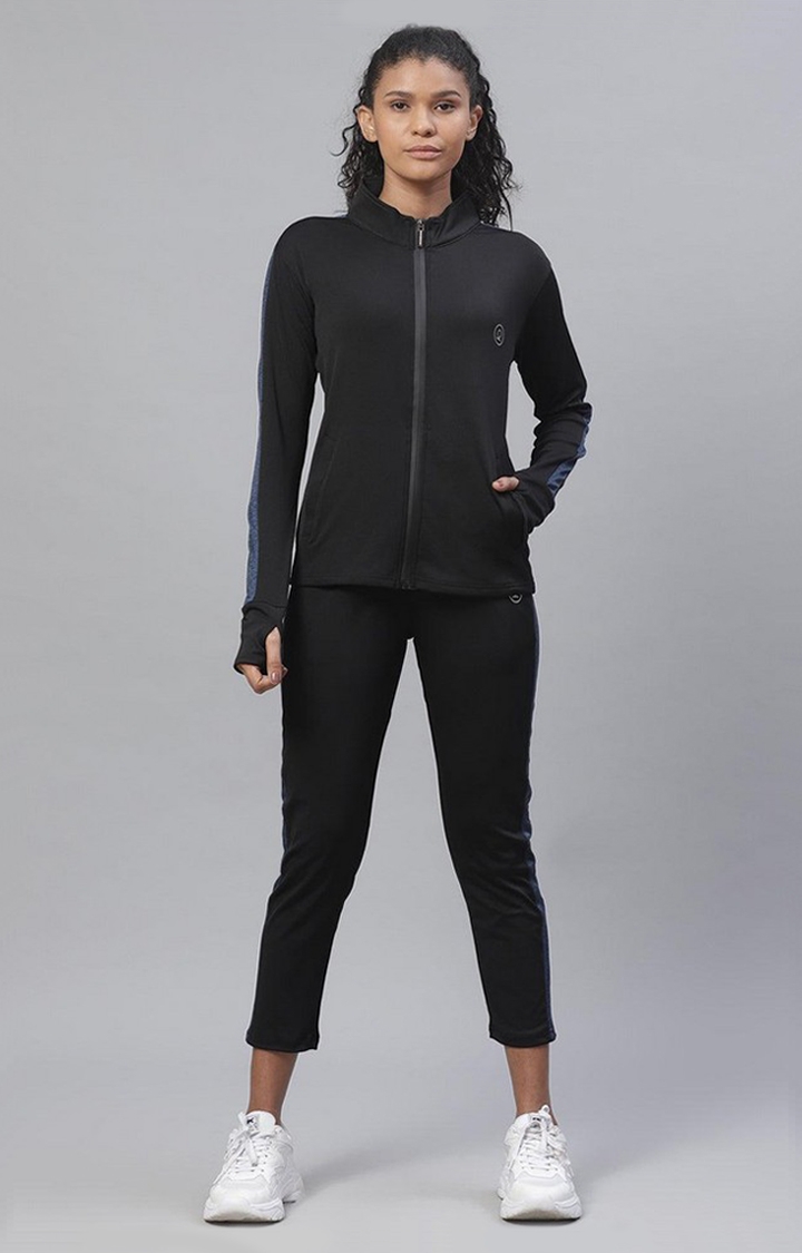 Women's  Black Solid Polyester Tracksuits