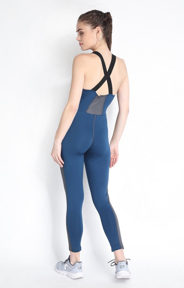 Women's Blue Solid Yoga Polyester Workout Basic Jumpsuit