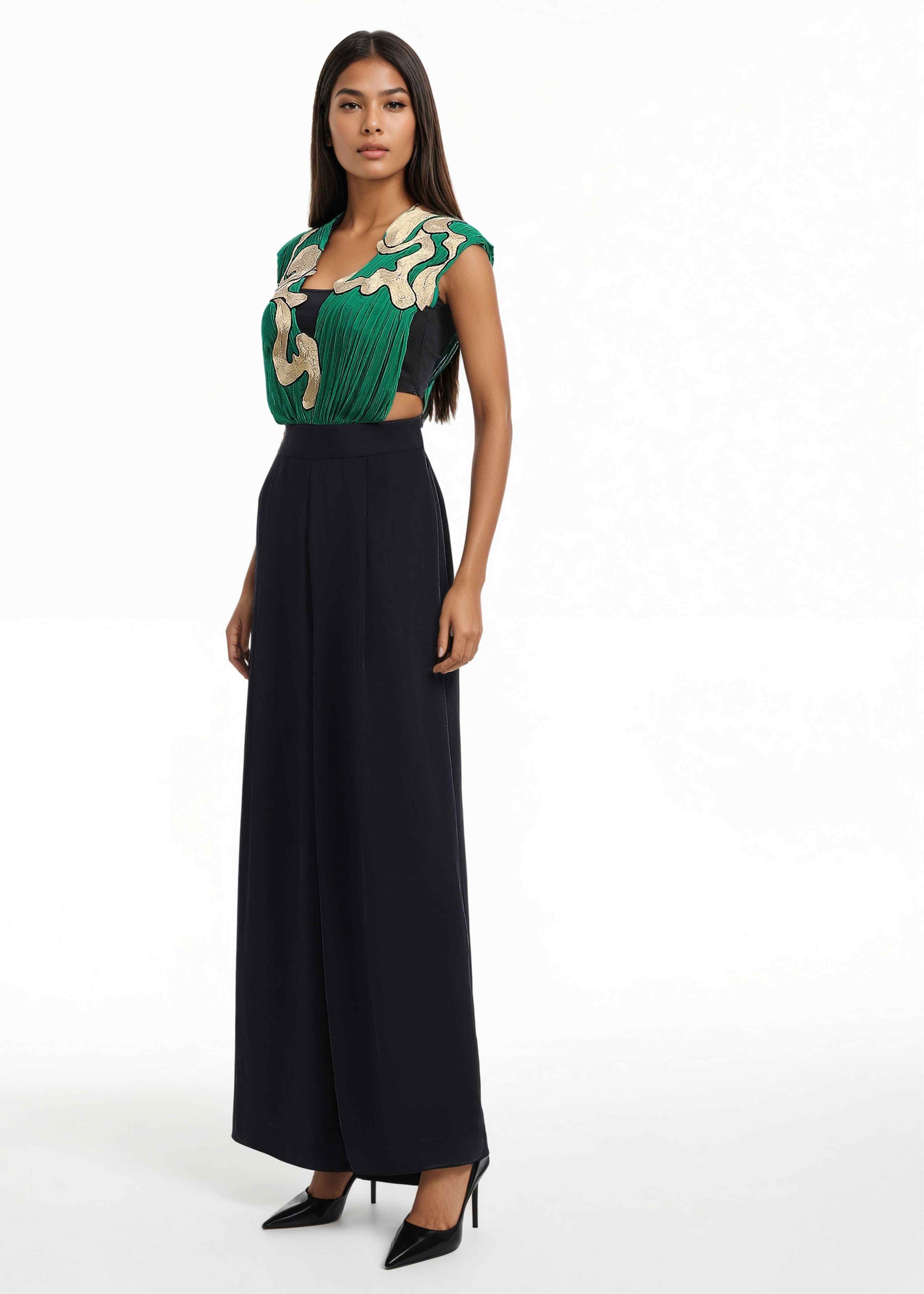 AKOK Multicolor Silk Cotton Lycra Top with V neck Jumpsuit Co-ords