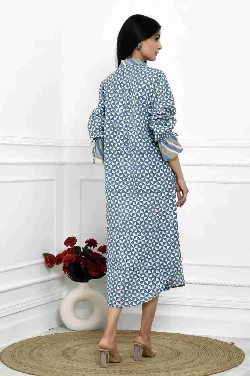 Naksh Blue Geometric Print Long Shirt-Kurta With Pockets