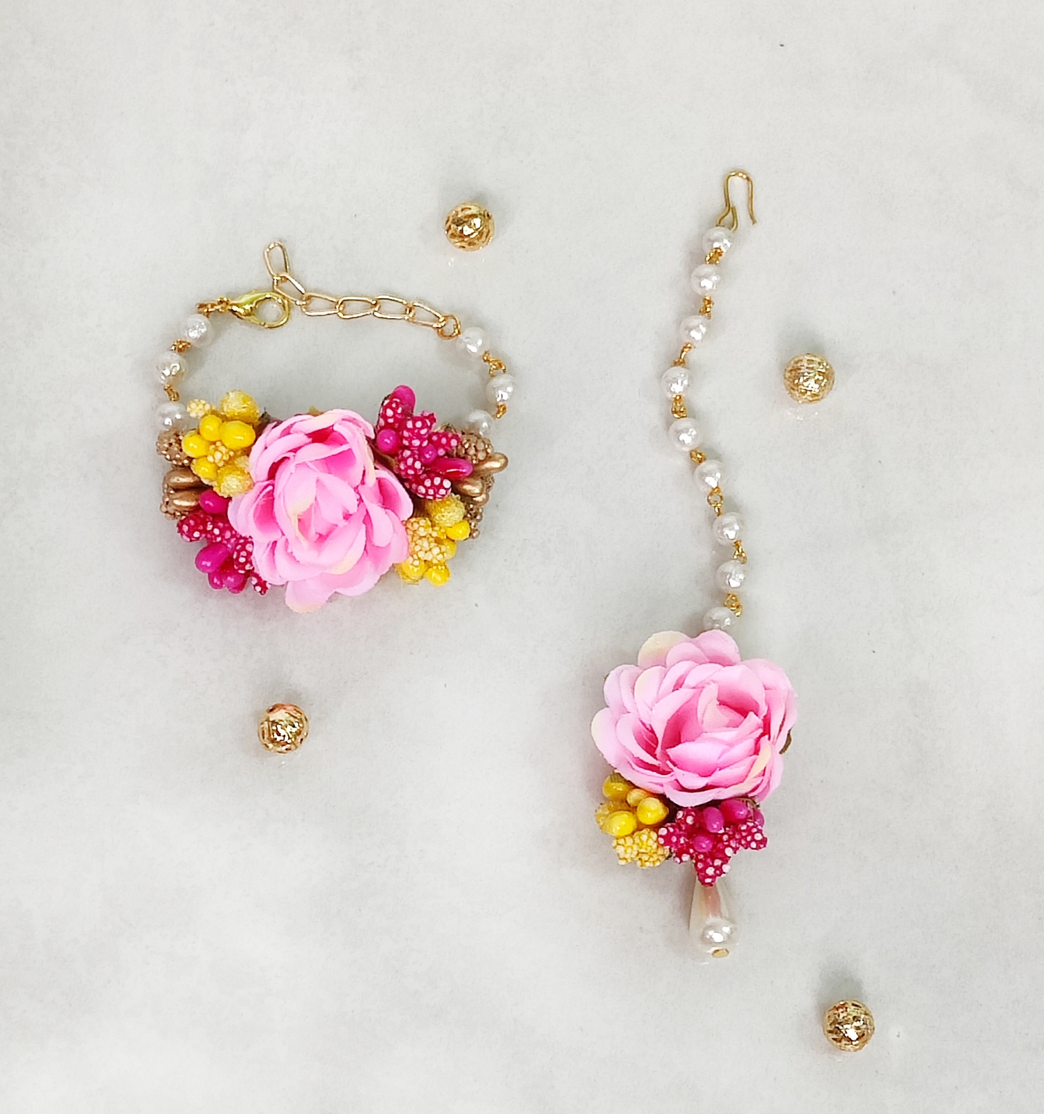 Rosa Floral Bracelet & Maang Teeka Set - Pink